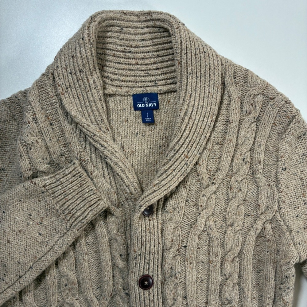Old Navy Cable Knit Cardigan Small Oatmeal Shawl Collar Wool Nylon Blend